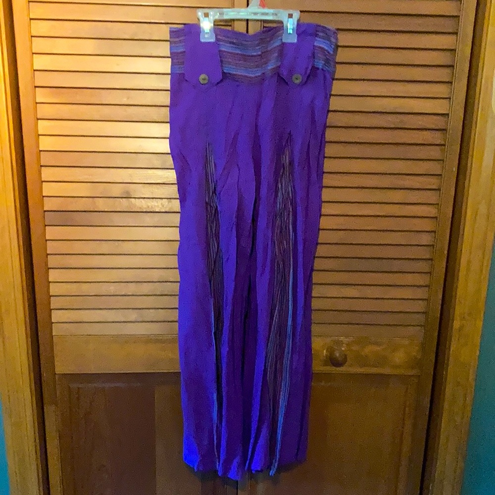 Purple linen pants, sz M. Multi colored waist and down legs. Elasticized waist